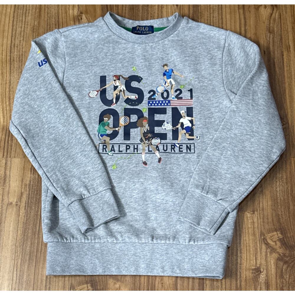 Polo Ralph Lauren Sweatshirt Youth Medium 10-12 Gray US Open 2021 Tennis Graphic